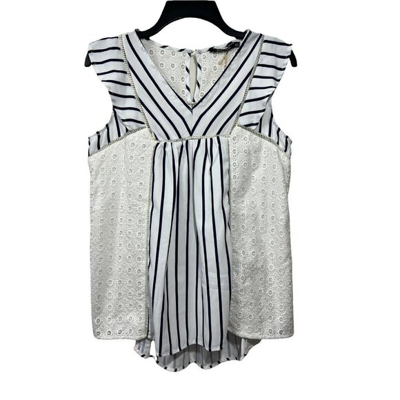 Doe & Rae High Low Sleeveless Top Crochet Lace Blue White Striped Size Small NWT - Picture 10 of 12